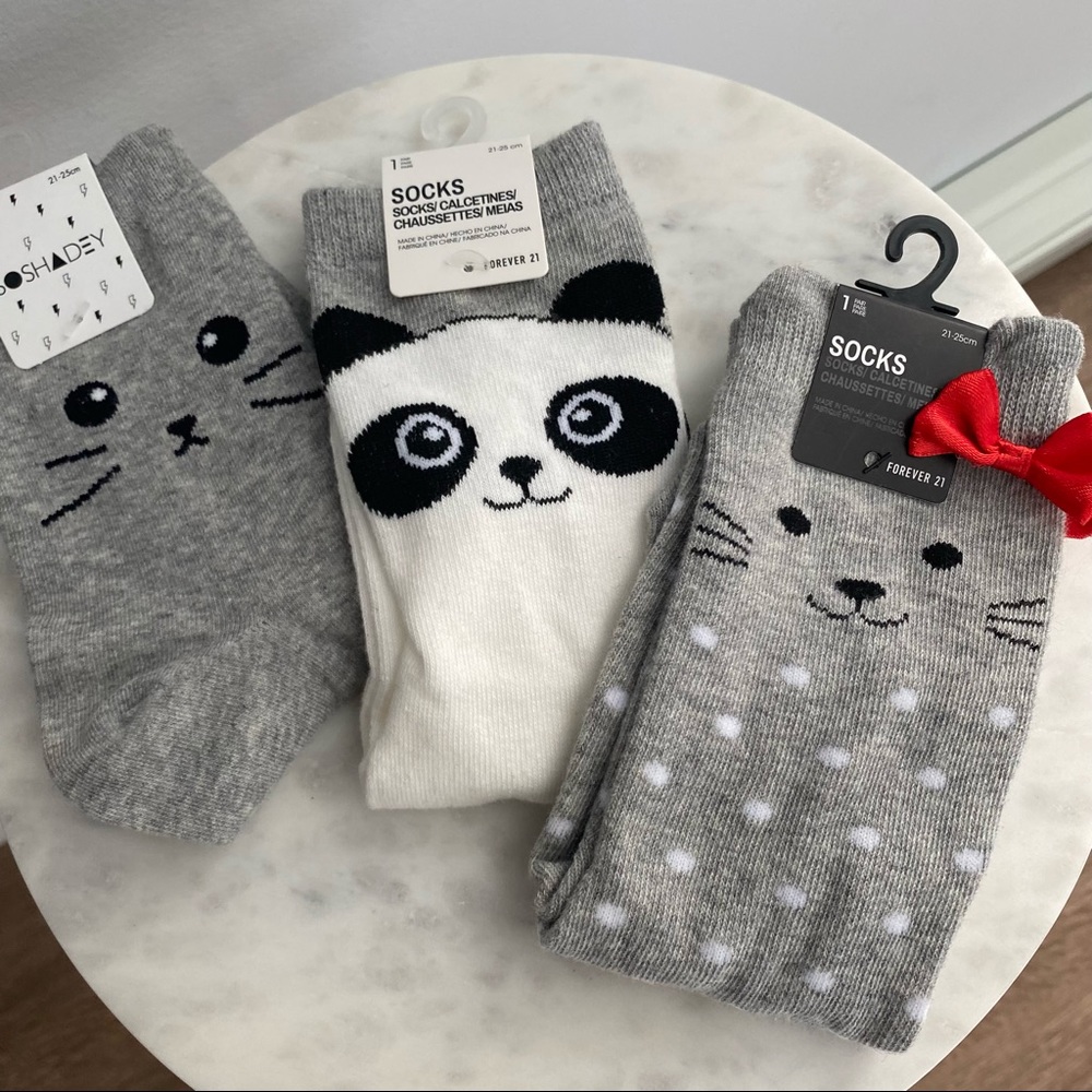 Forever 21 Socks Cat Socks Panda Socks 3 Pairs NEW
